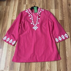 Lilly Pulitzer Newberry tunic top in lipstick 🩷 pink, beaded, v-neck, size 10